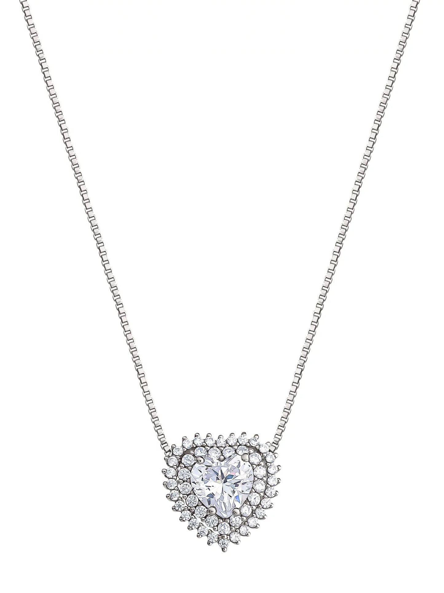 Women'S Fine Silver Plated Cubic Zirconia Heart Necklace, 18" +2"