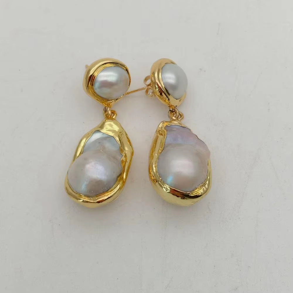 White Keshi Pearl Gold Color Plated Stud Earrings Nucleated Flameball Baroque Pearl Earrings Luxury Wedding for Women