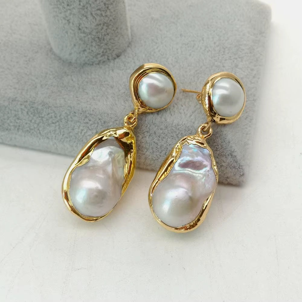 White Keshi Pearl Gold Color Plated Stud Earrings Nucleated Flameball Baroque Pearl Earrings Luxury Wedding for Women